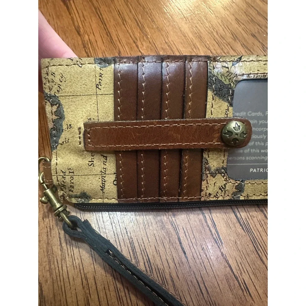 Patricia Nash Vintage Map Leather RFID Card Case Wristlet Wallet Brown Tan